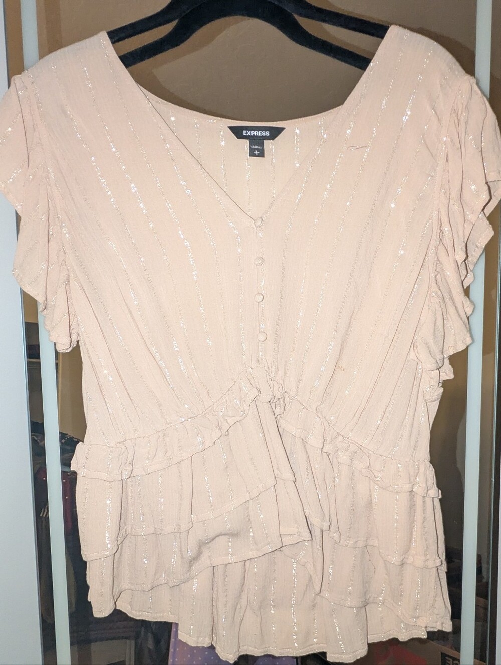 Express Blush Pink Ruffle V-Neck Button Top